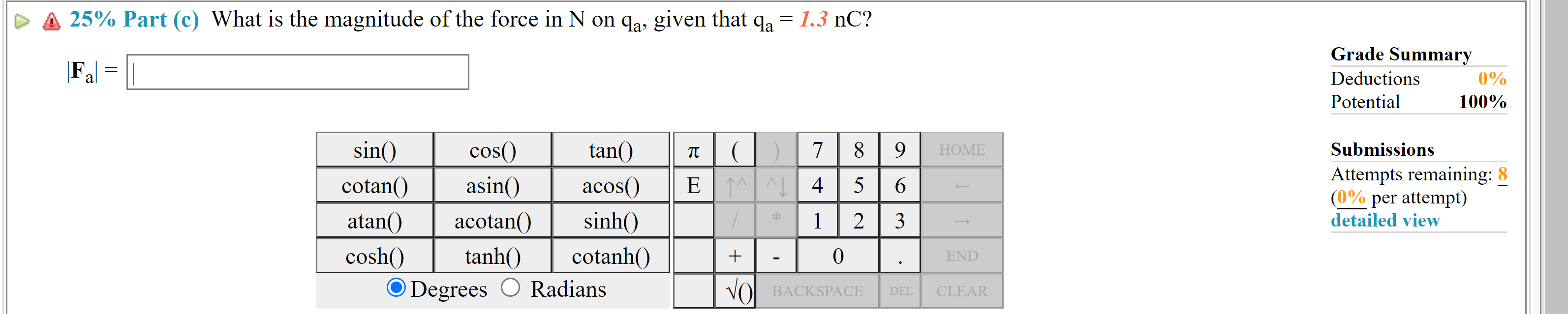 magnitude of the electric field in N/C at the location of qa,