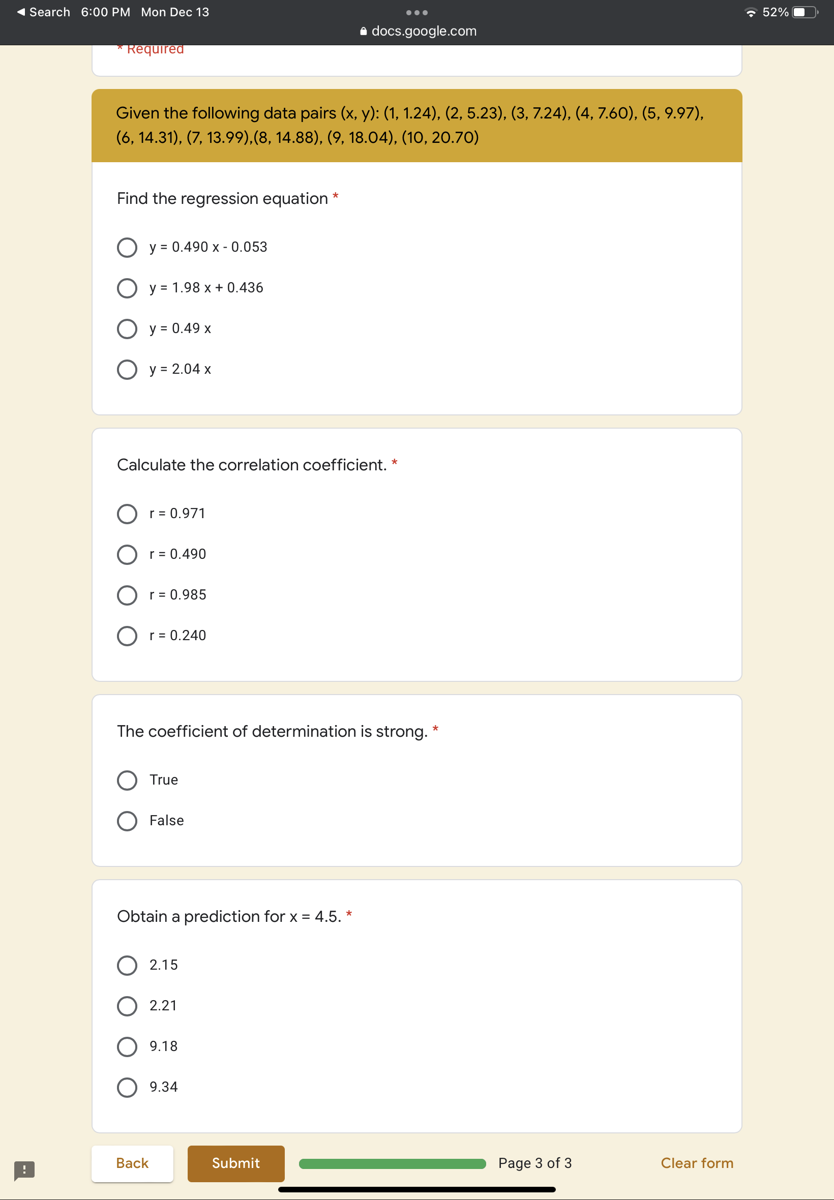 Required Given the following data pairs (x, y): (1, 1.24), (2, 5.23),