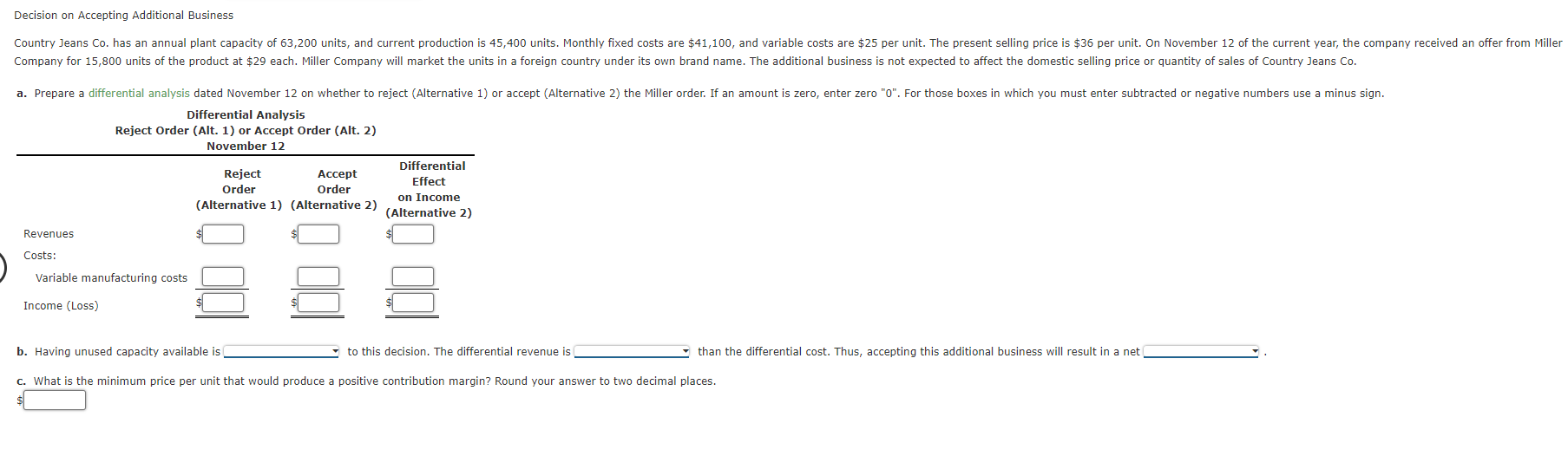  Differential Analysis Reject Order (Alt. 1) or Accept Order (Alt. 2)