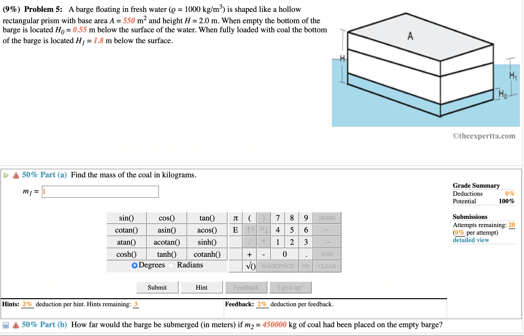  (9%) Problem 5: A barge floating in fresh water (@ =