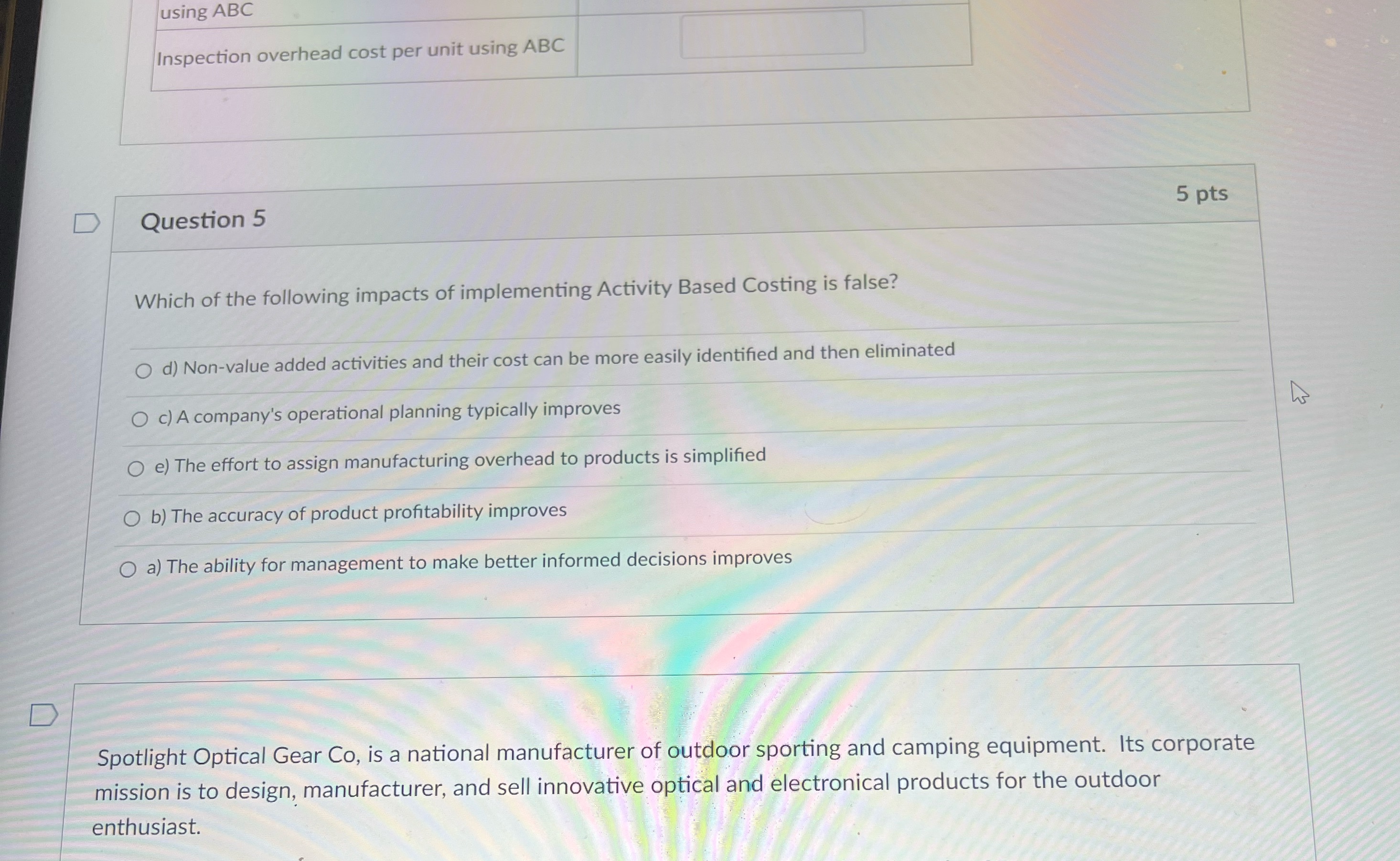  using ABC Inspection overhead cost per unit using ABC D Question
