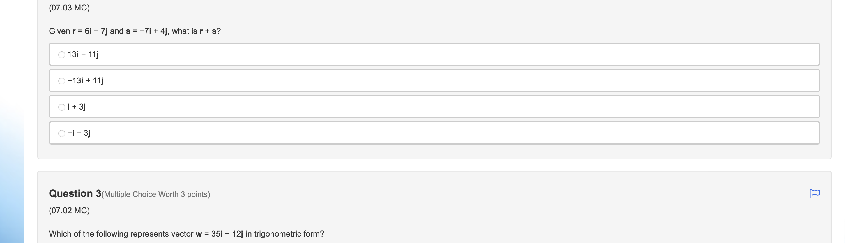 Worth 3 points) (07.02 MC) Which of the following represents vector w