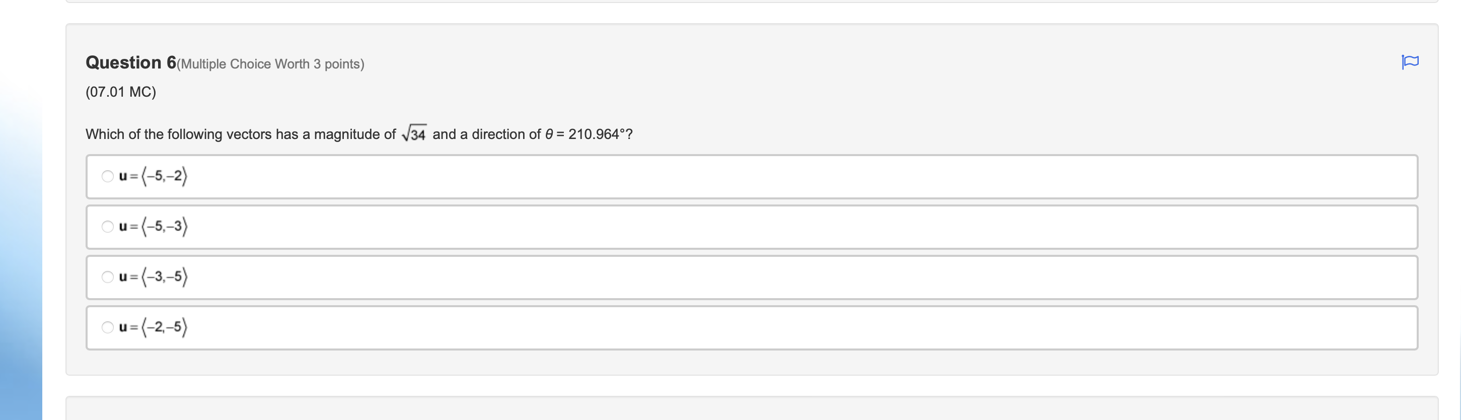 points) (07.02 MC) Vector u has an initial point at (5, 2)