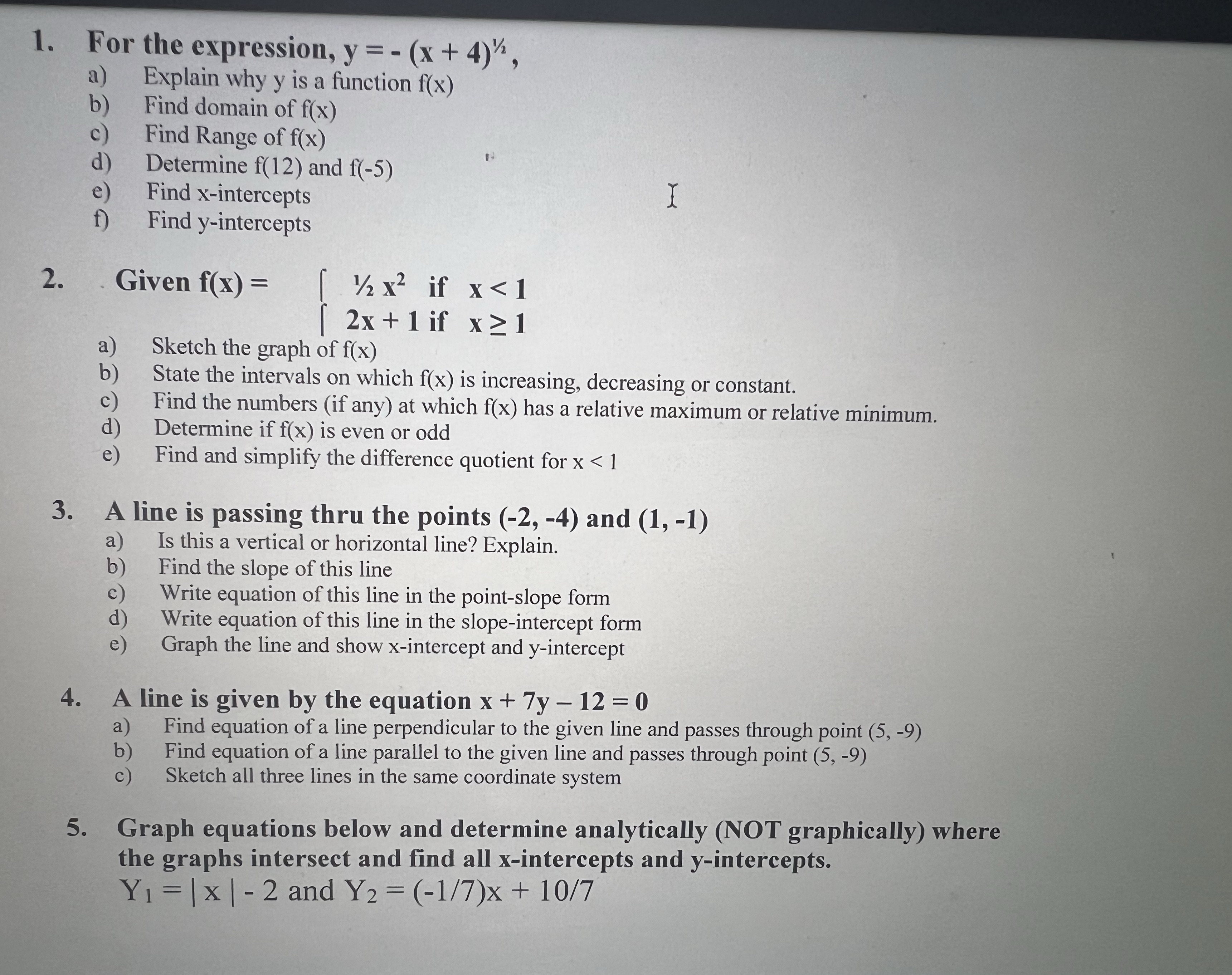  1. For the expression, y = - (x + 4)", a)