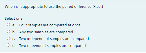 a. a one sample test of means. O b. a two sample