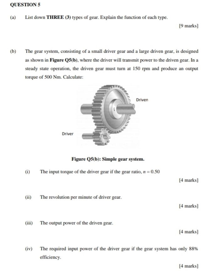 power question QUESTION 5 (a) List down THREE (3) types of gear.