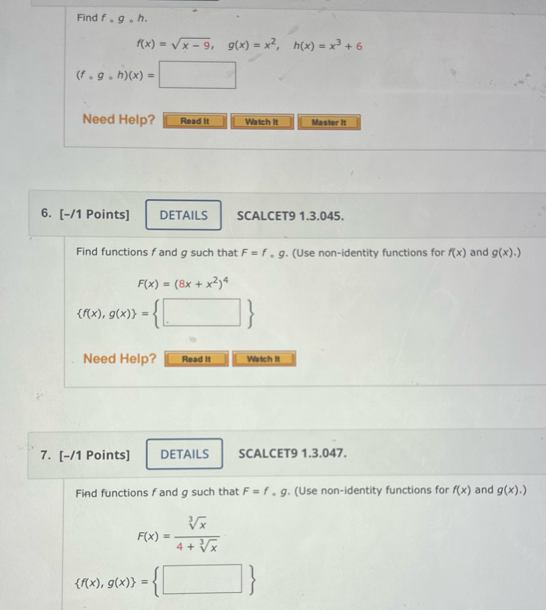  Find f . g . h. f(x) = Vx- 9, 9(x)