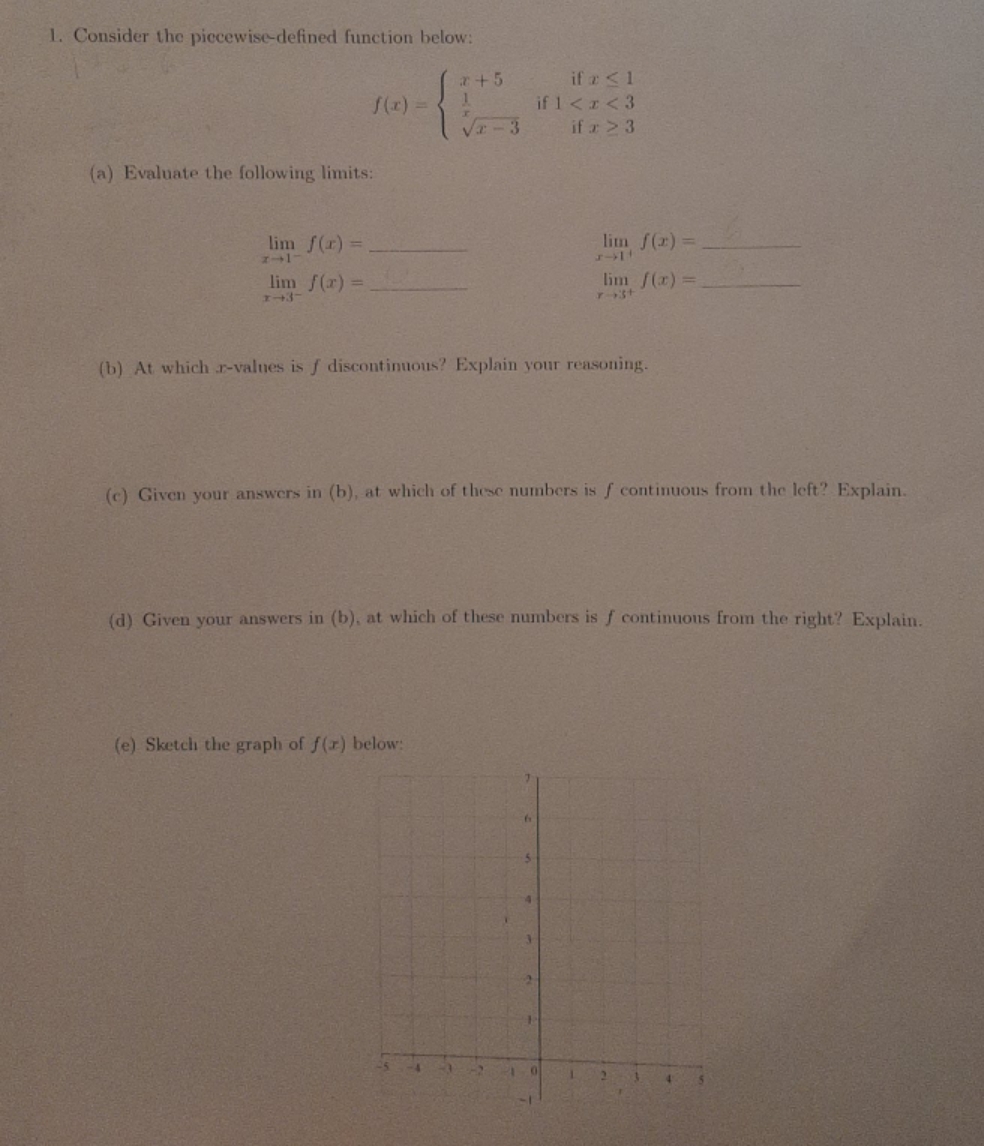 a) evaluate the following limits. b) at which x values is f