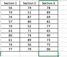 average exam scores in her three different sections. She randomly selects the