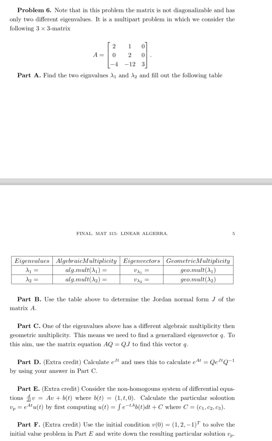  Problem 6. Note that in this problem the matrix is not