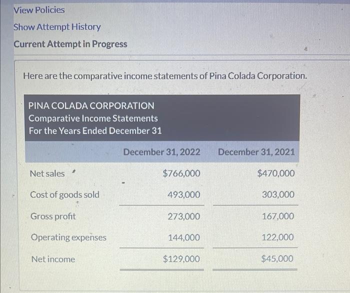 Here are the comparative income statements of Pina Colada Corporation. Prepare