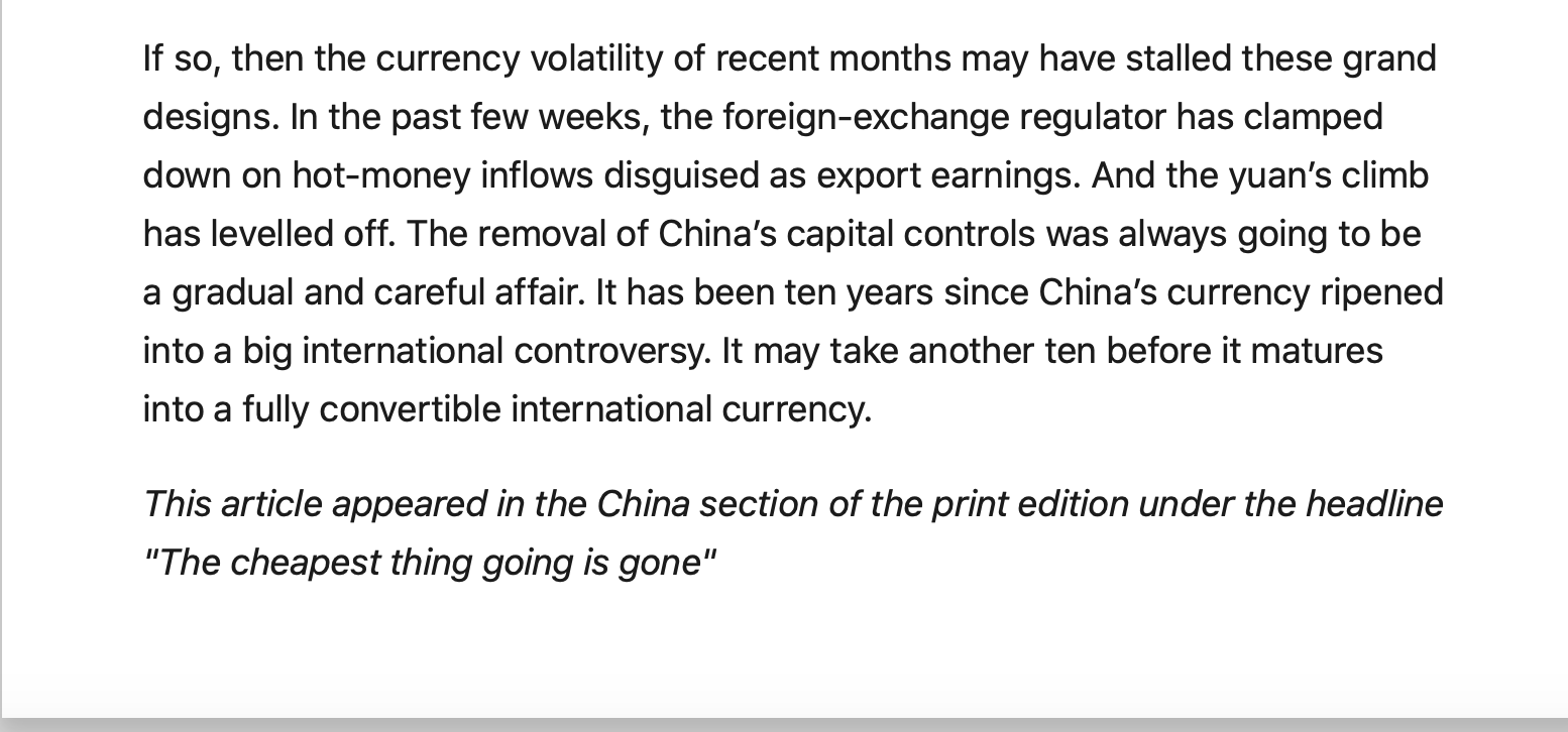 criticism for its weakness, China's currency now looks uncomfortably strong Jun 15th