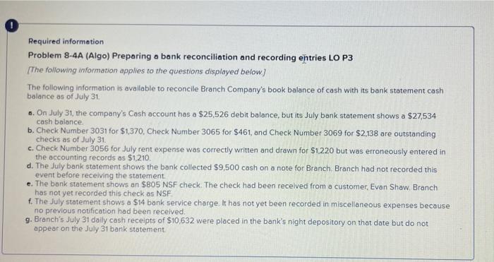 The following information is available to reconcile Branch Company's book balance of