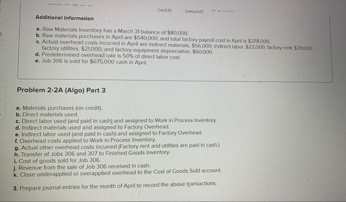 following costs for three jobs worked on in April. Additional Information a.
