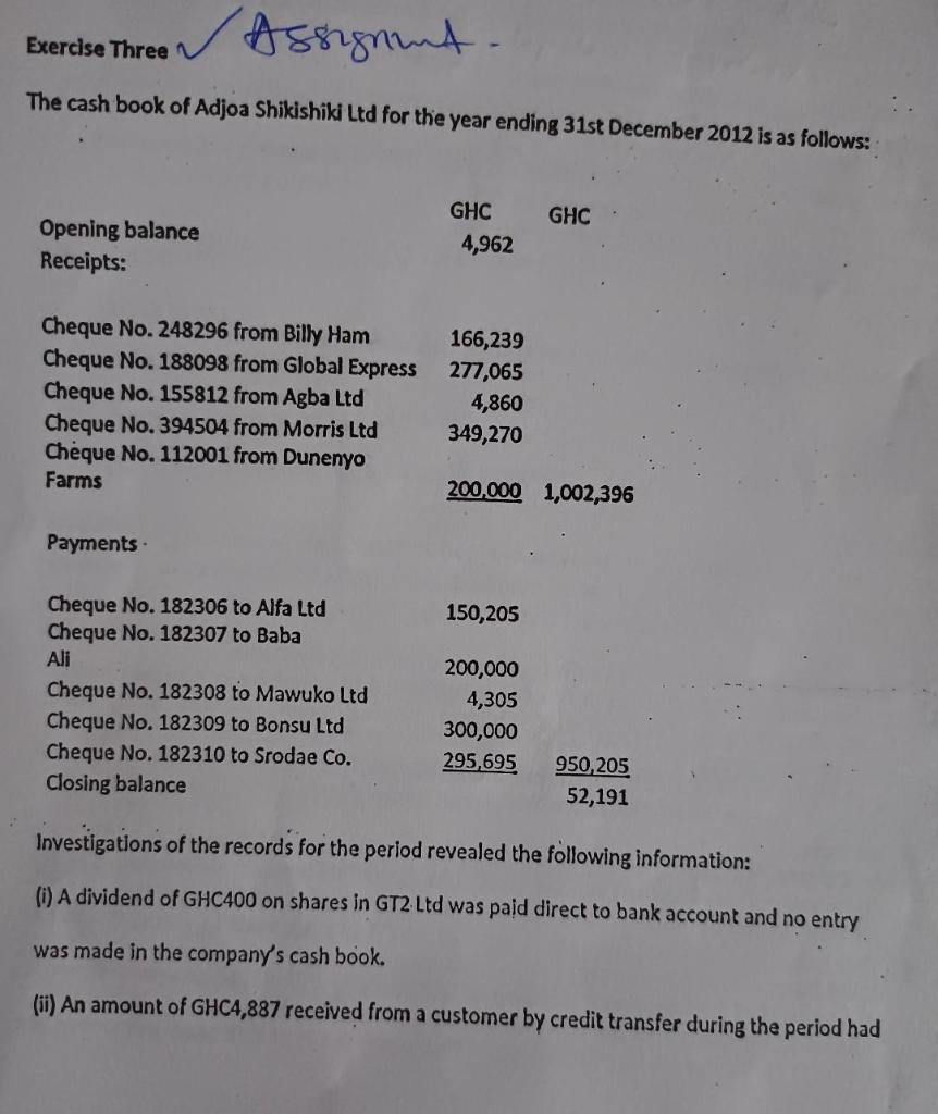  Exercise Three Assignant. The cash book of Adjoa Shikishiki Ltd for