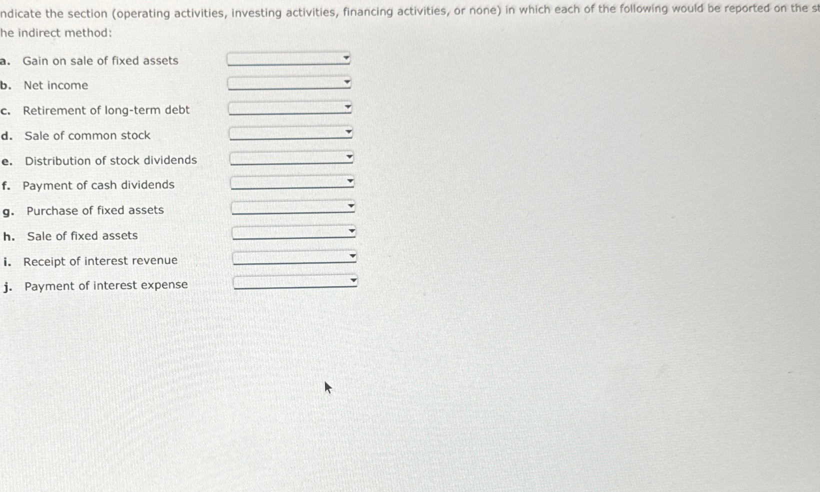 ndicate the section (operating activities, investing activities, financing activities, or none)