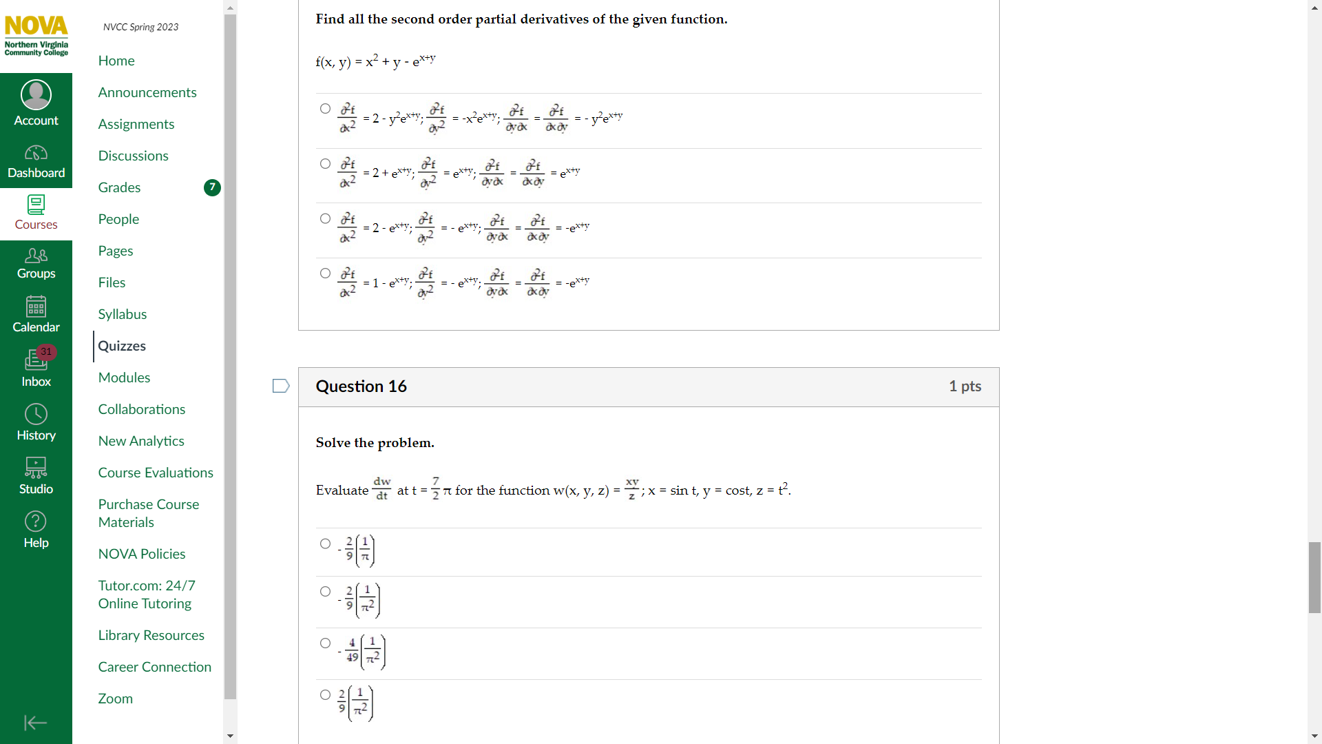 NOVA NVCC Spring 2023 Find all the second order partial derivatives