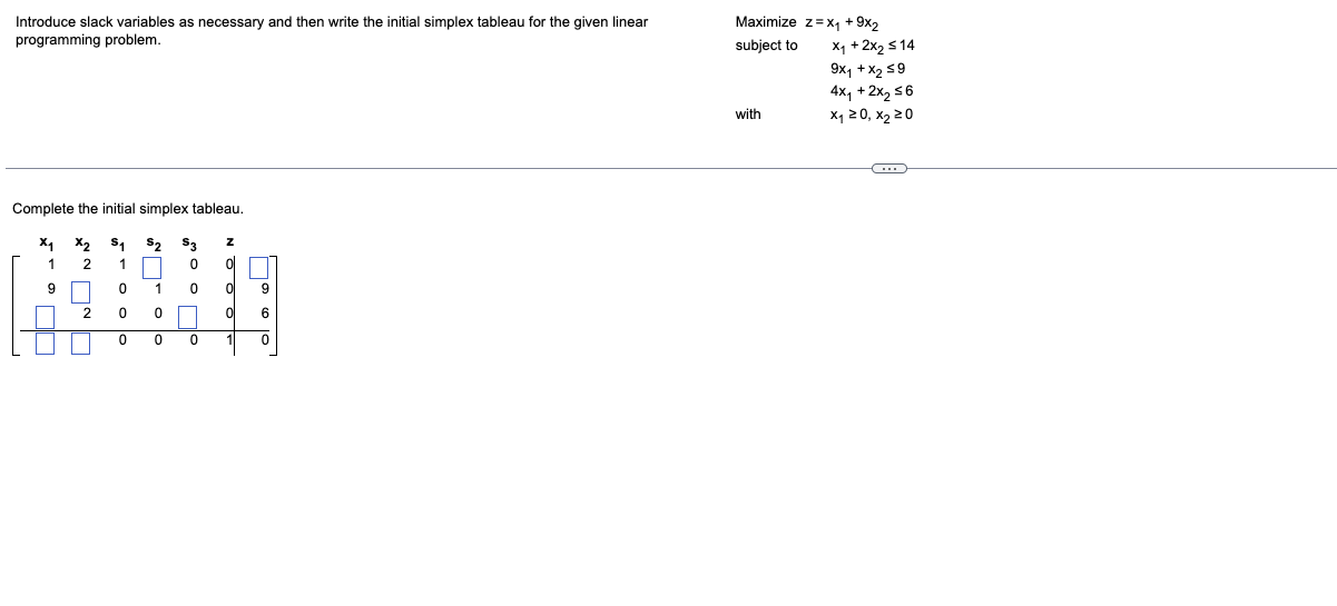 tableau for the given linear Maximize z= X1 + 9X2 programming problem.