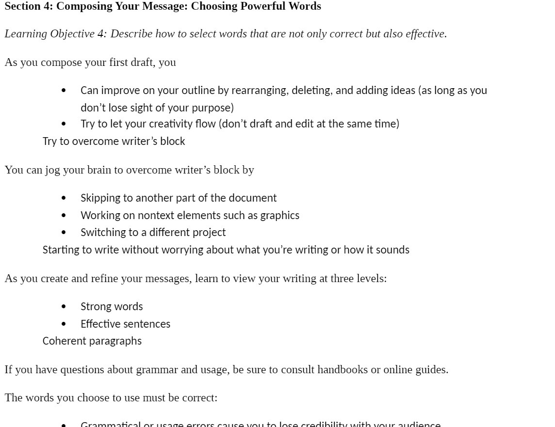  Section 4 : Composing Your Message : Choosing Powerful Words Learning