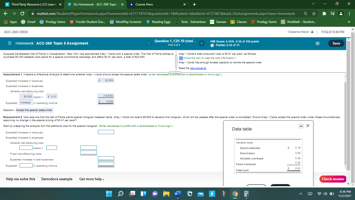 ACC-260 Topic 5 X *Course Hero X C mathxl.com/Student/PlayerHomework.aspx?homeworkld=611719741&questionld=1&flushed=false&cld=6727461&back=DoAssignments.aspx?view=homework Apps G Gmail
