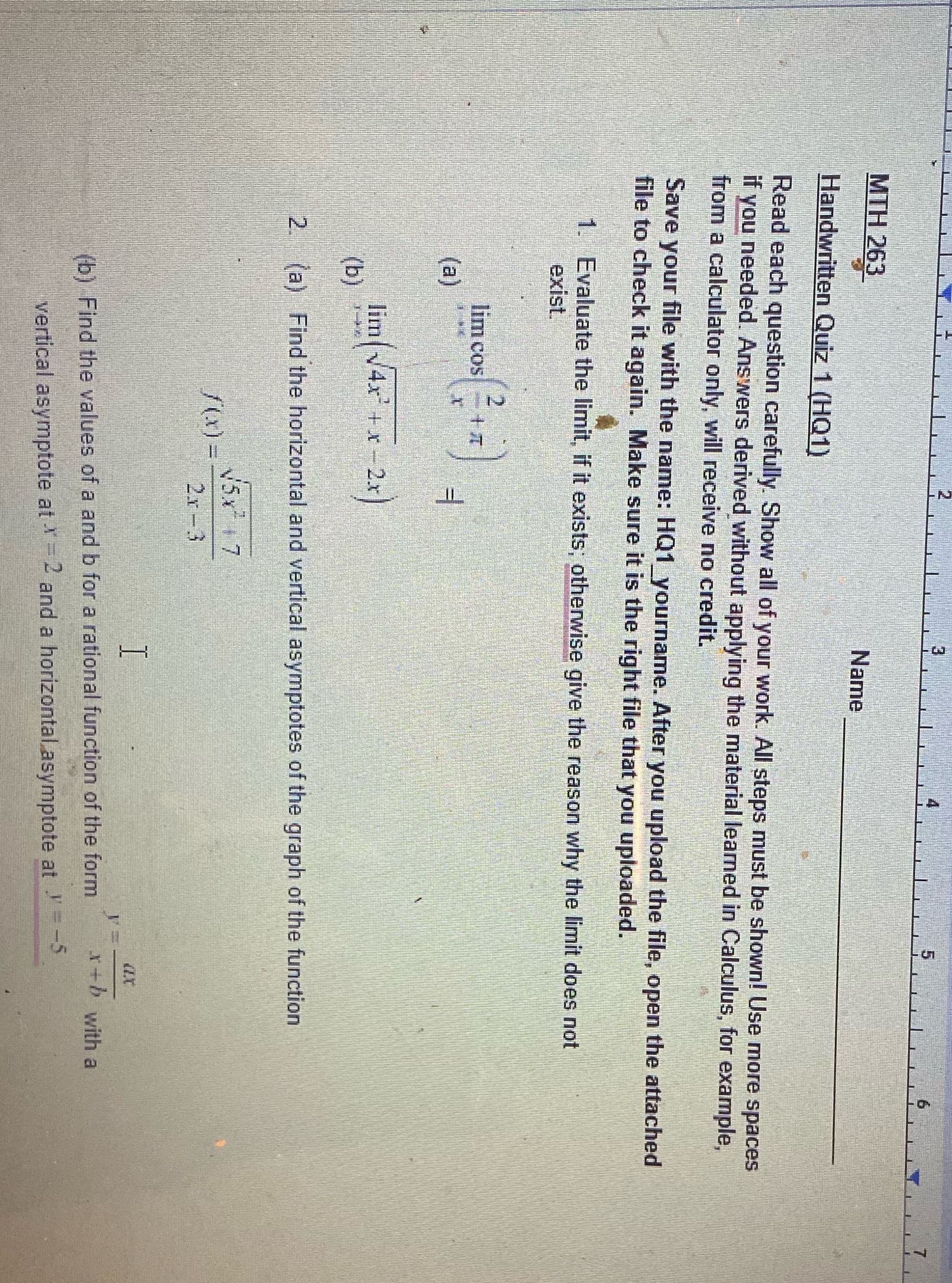 Please answer your question one and two MTH 263 Name Handwritten Quiz