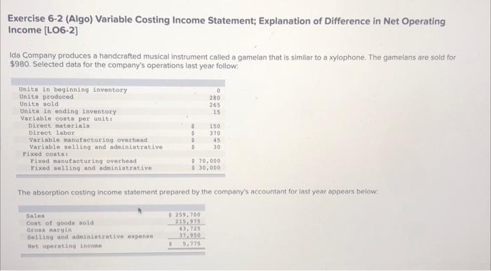  Exercise 6-2 (Algo) Variable Costing Income Statement; Explanation of Difference in