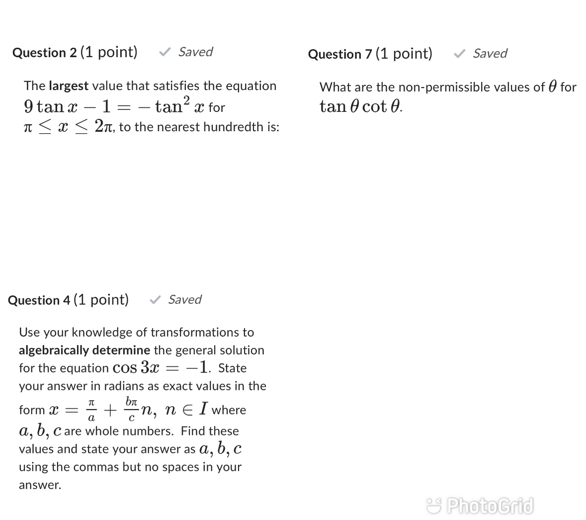 Question 2 (1 point) Saved Question 7 (1 point) Saved The