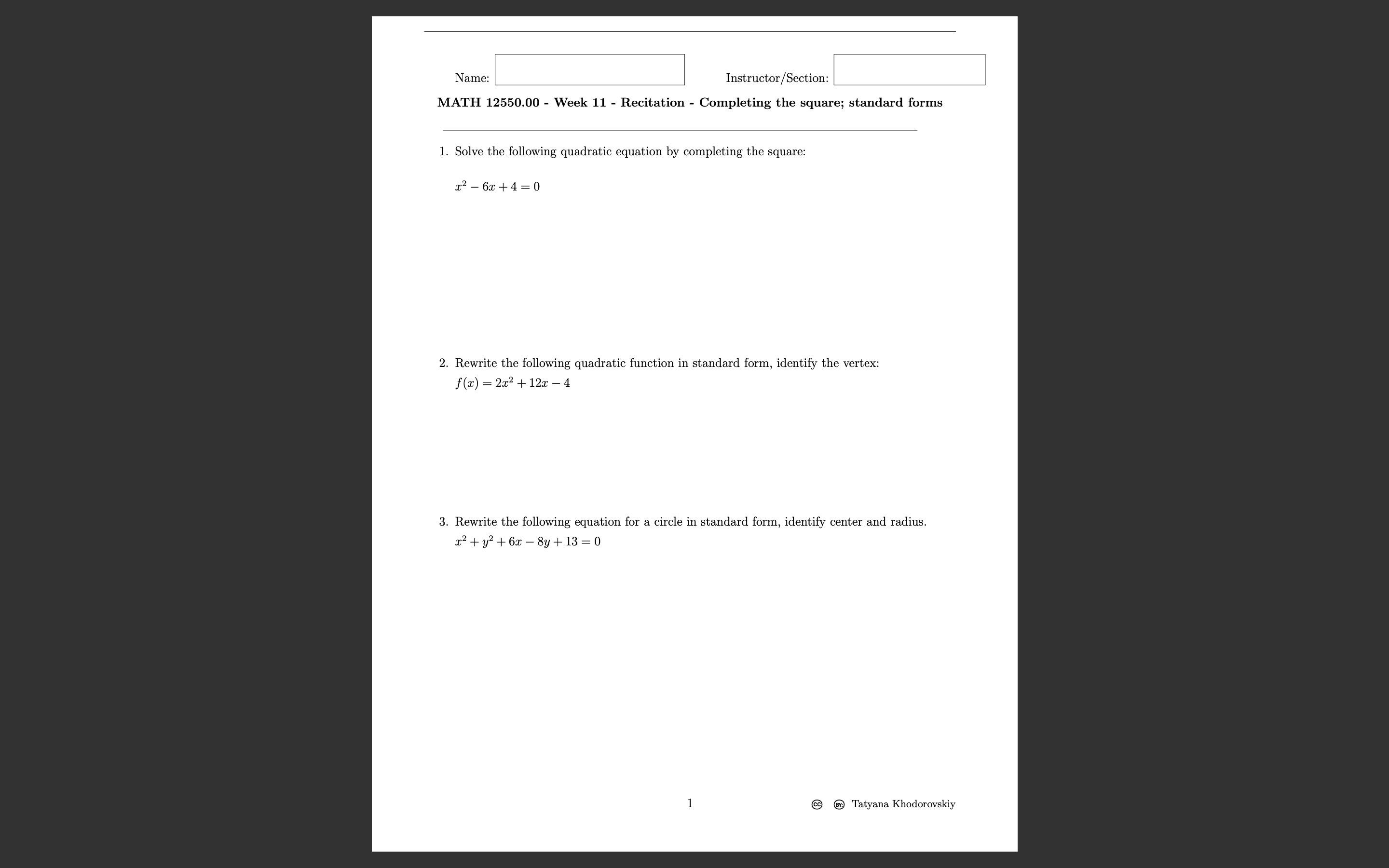 the square: 1261+4=0 2. Rewrite the following quadratic function in standard form,