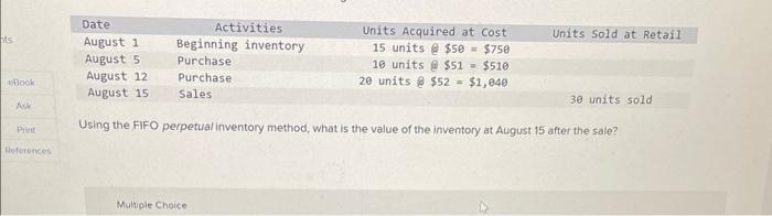 Using the FIFO perpetual inventory method, what is the value of