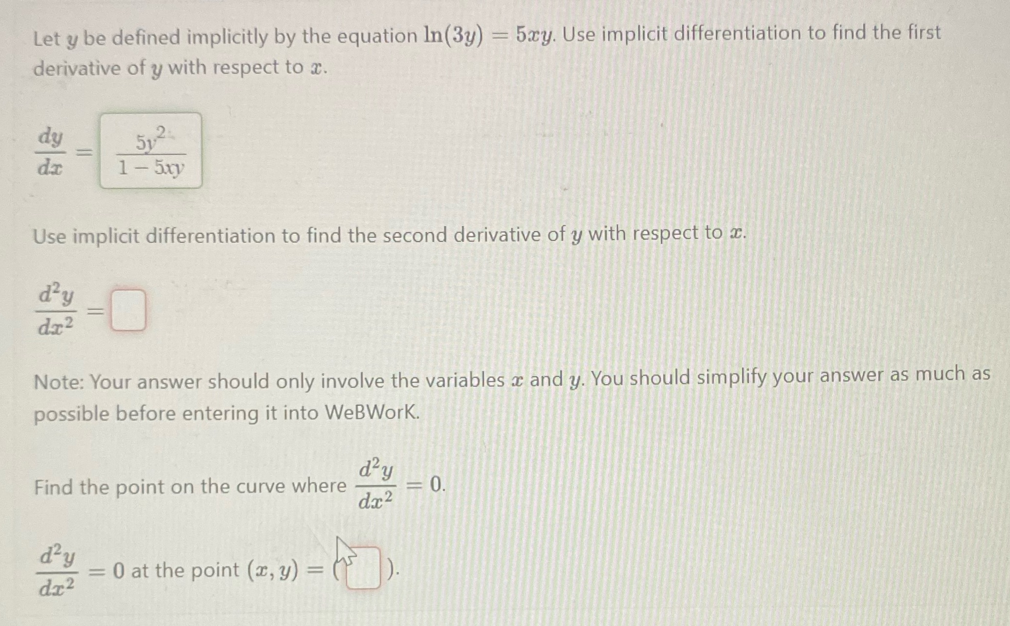  Let y be defined implicitly by the equation In(3y) = 5xy.