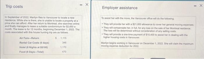 move. Requirement Determine the amount of Manilyn's maximum 2022 deduction for moving