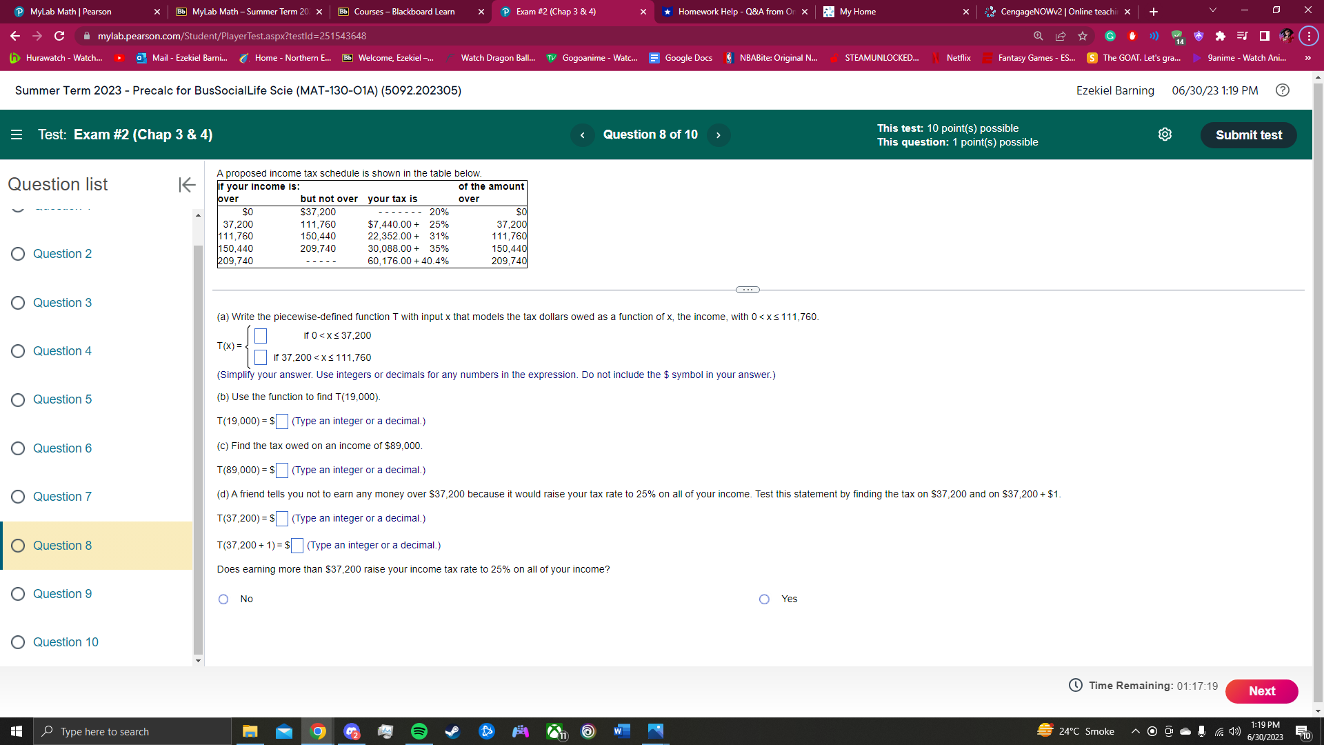 C mylab.pearson.com/Student/PlayerTest.aspx?testld=251543648 Hurawatch - Watch... o Mail - Ezekiel Barni... ( Home