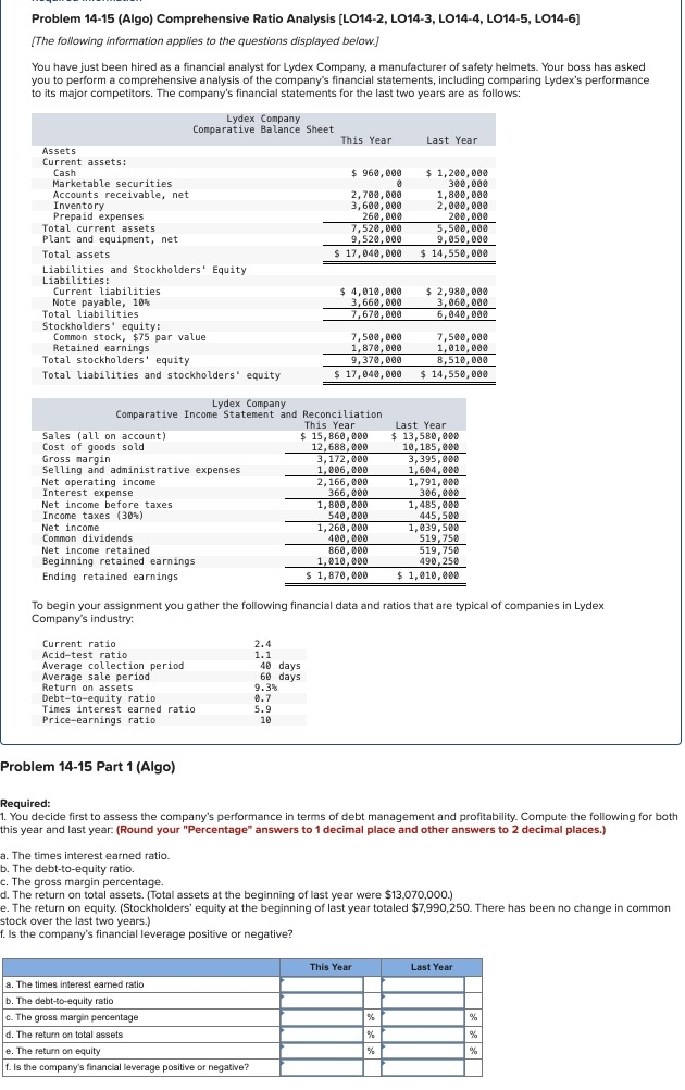  Problem 14-15(Algo) Comprehensive Ratio Analysis [LO14-2, LO14-3, LO14-4, LO14-5, LO14-6] [The