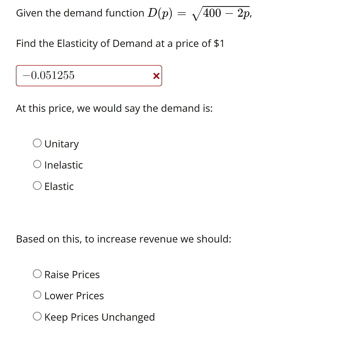  Given the demand function D(p) = a /400 2p, Find the