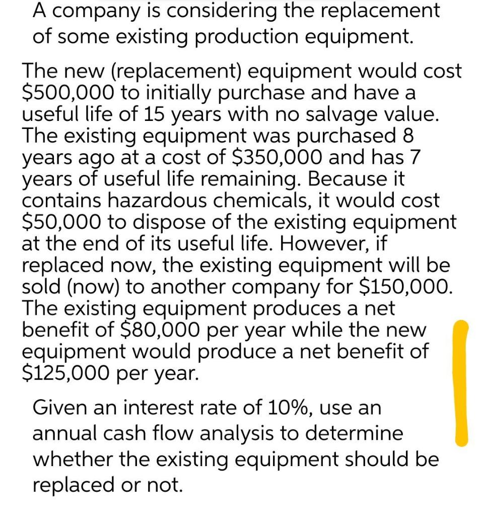  A company is considering the replacement of some existing production equipment.