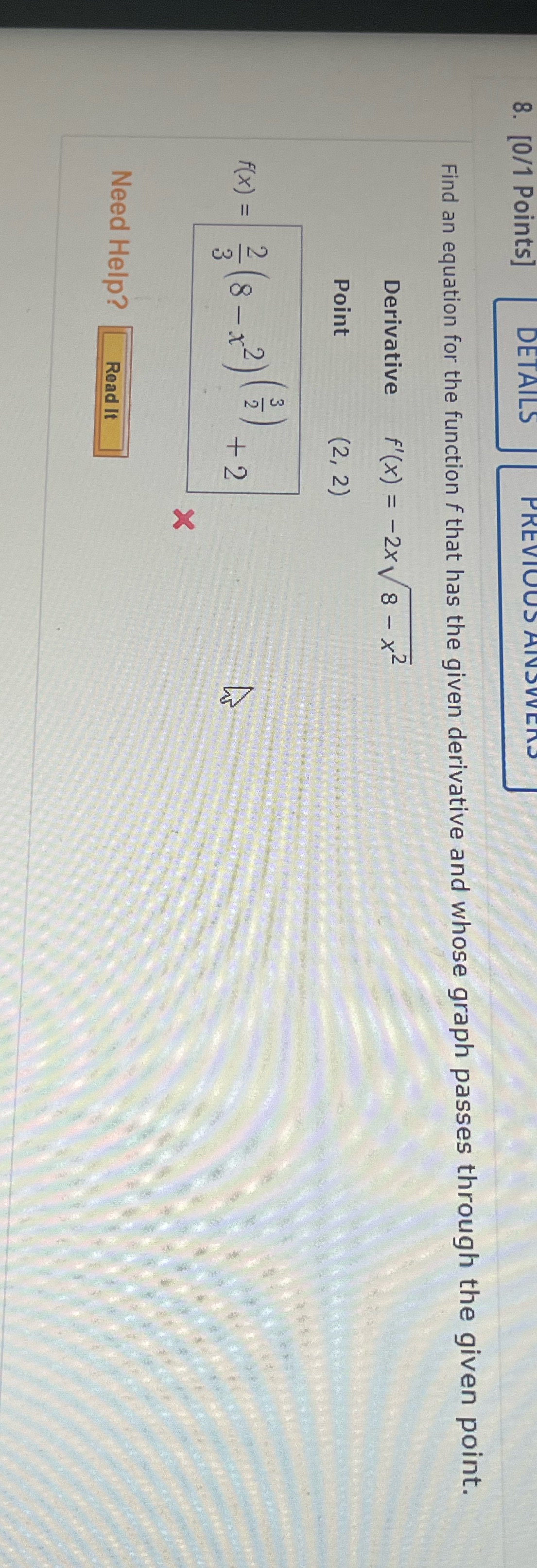  8. [0/1 Points] DETAILS Find an equation for the function f