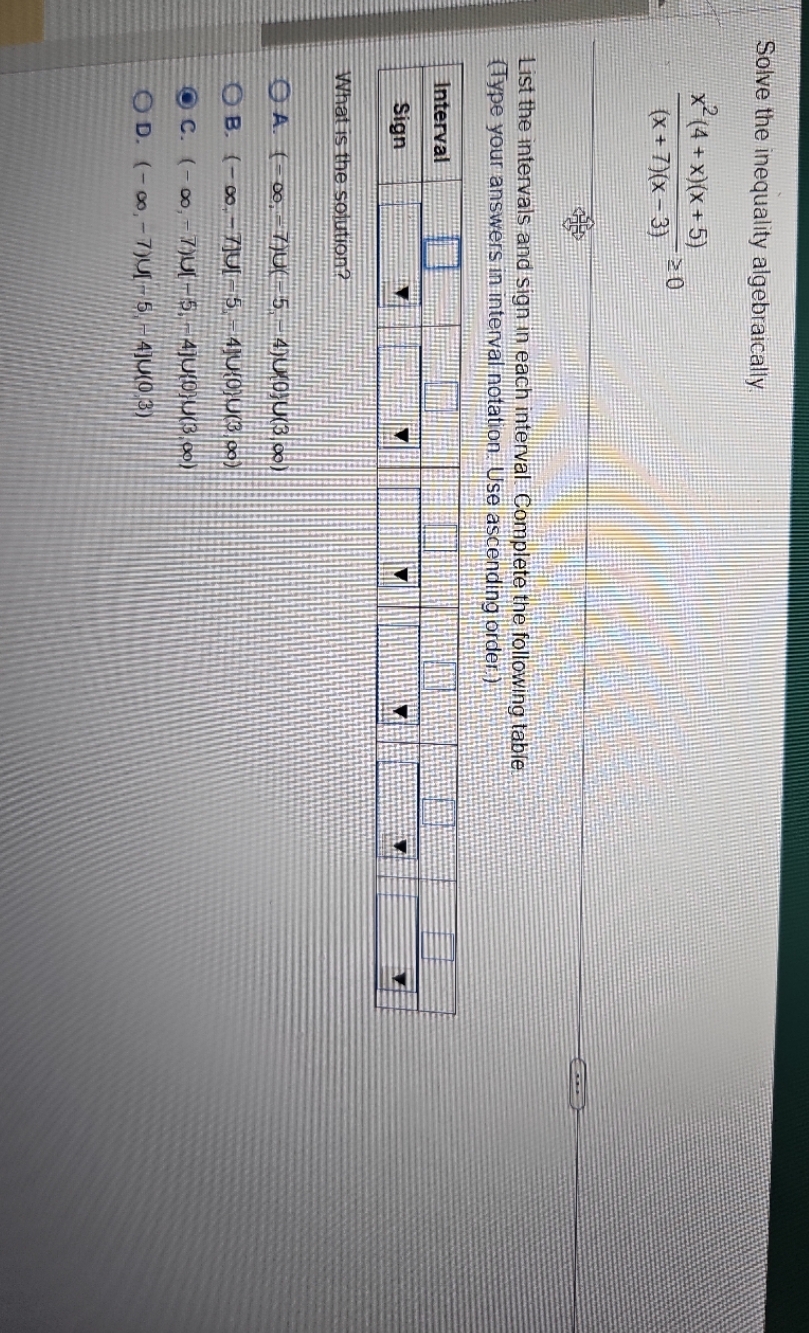  Solve the inequality algebraically x2 ( 4 + x ) (X