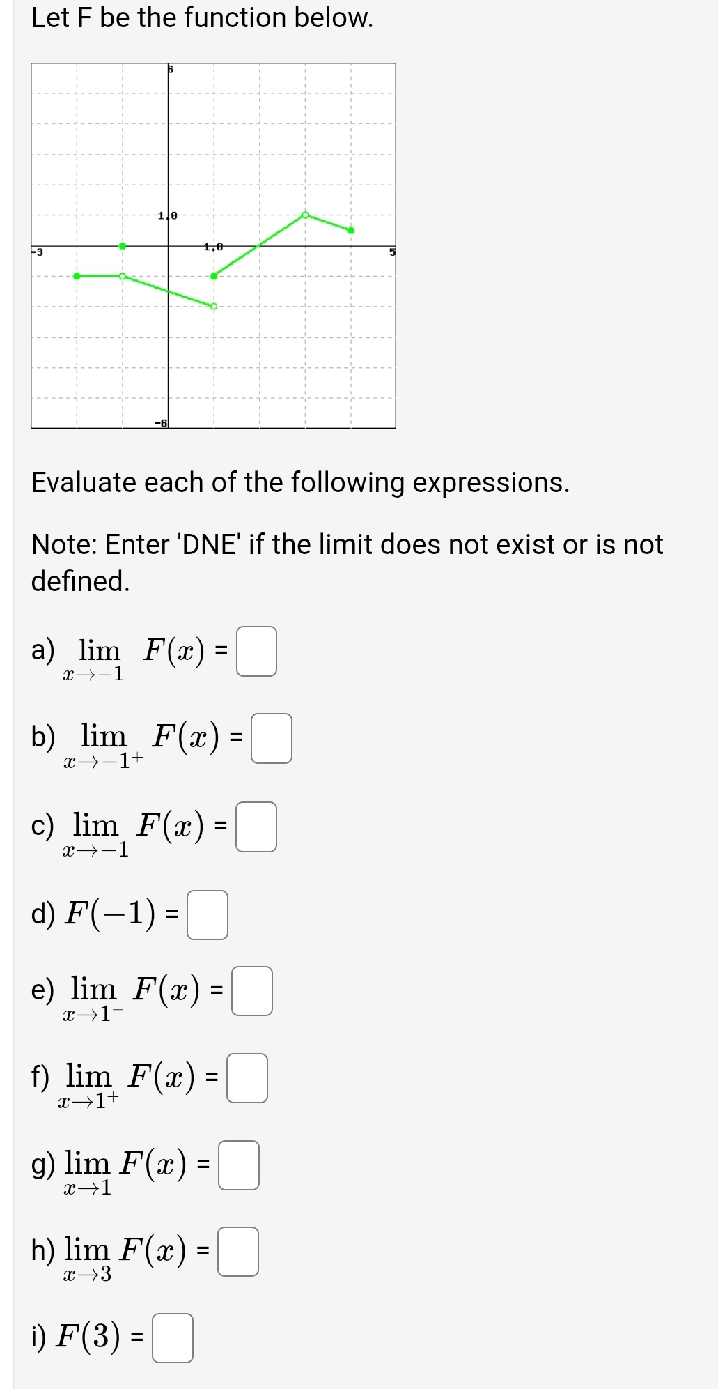 Mat 265 Let F be the function below. 1. Evaluate each of