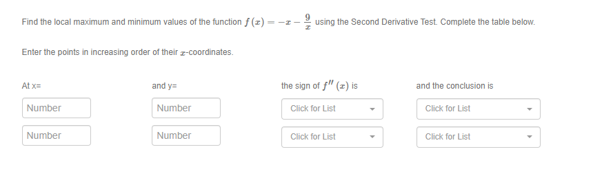 table below. Enter the points in increasing order of their x-coordinates. At