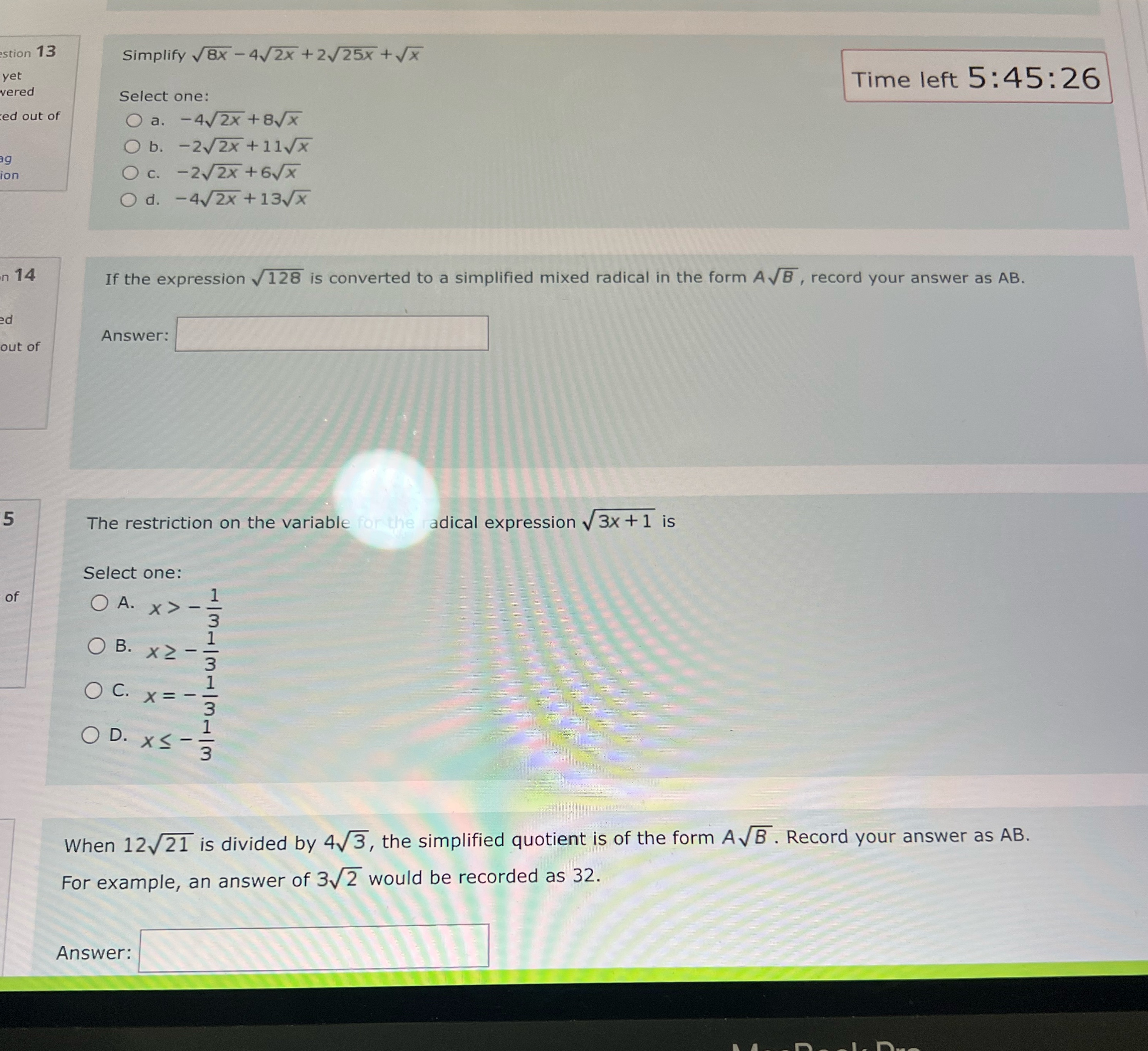 Please answer all fast stion 13 Simplify V8x - 4/2x + 2/25x