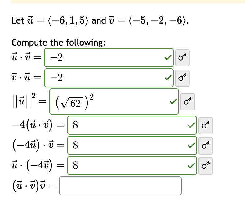 -6). Compute the following: u . j = -2 v . u