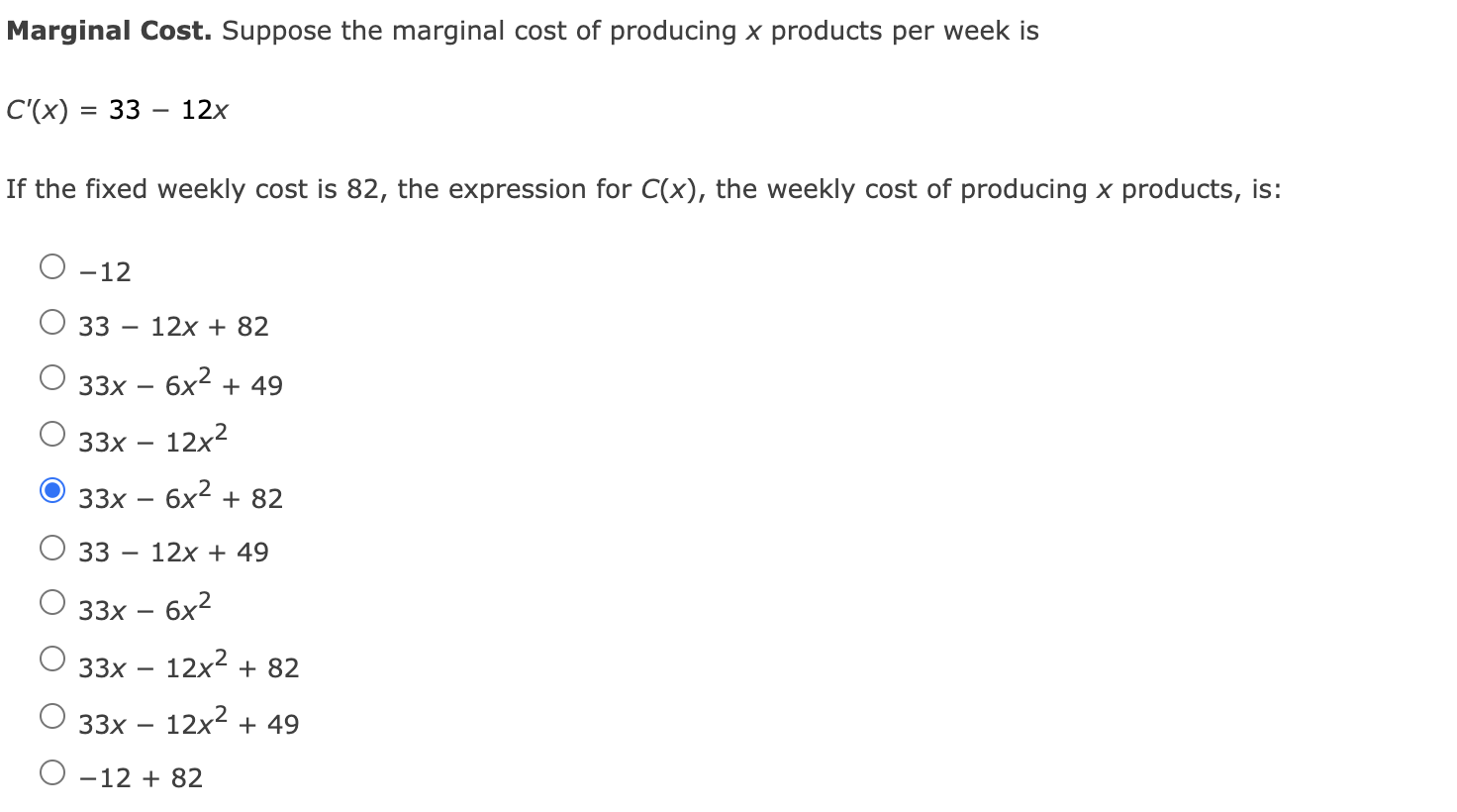 the expression for C(x), the weekly cost of producing X products, is: