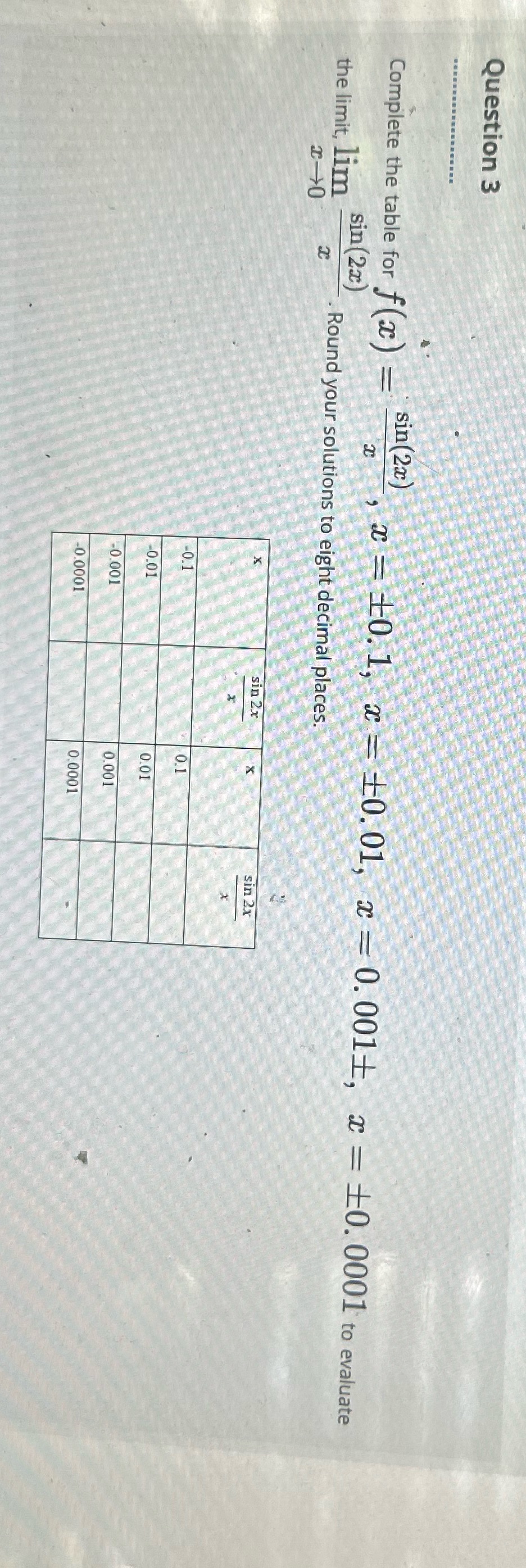 Question 3 Complete the table for f (a) - sin(2x) ",