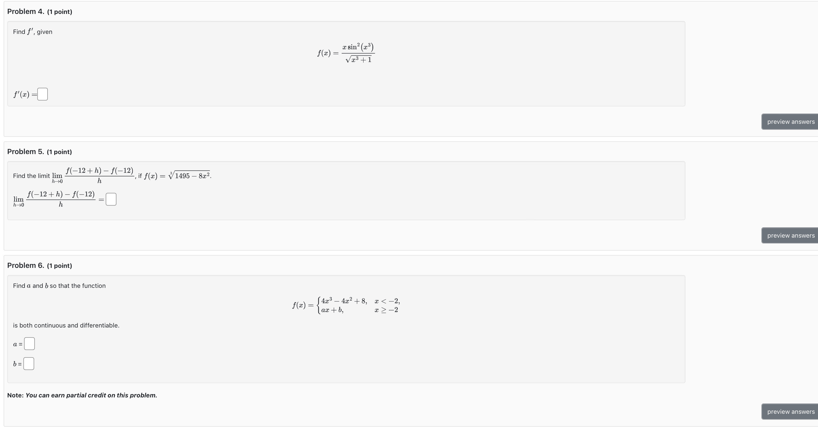 = 3 h' ( -1) = 6 Calculate f'(-1) = preview answers