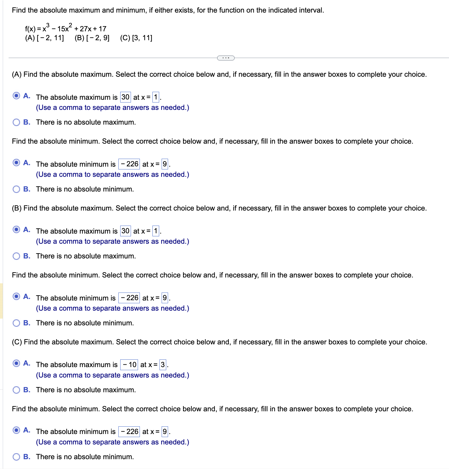  Find the absolute maximum and minimum, if either exists, for the