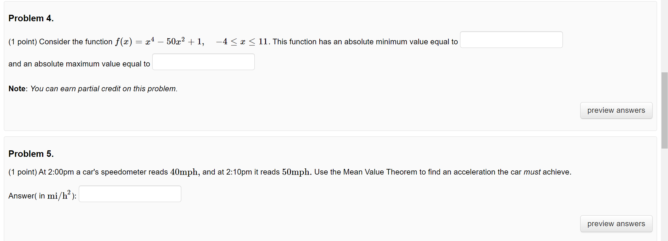 value equal to Note: You can earn partial credit on this problem.