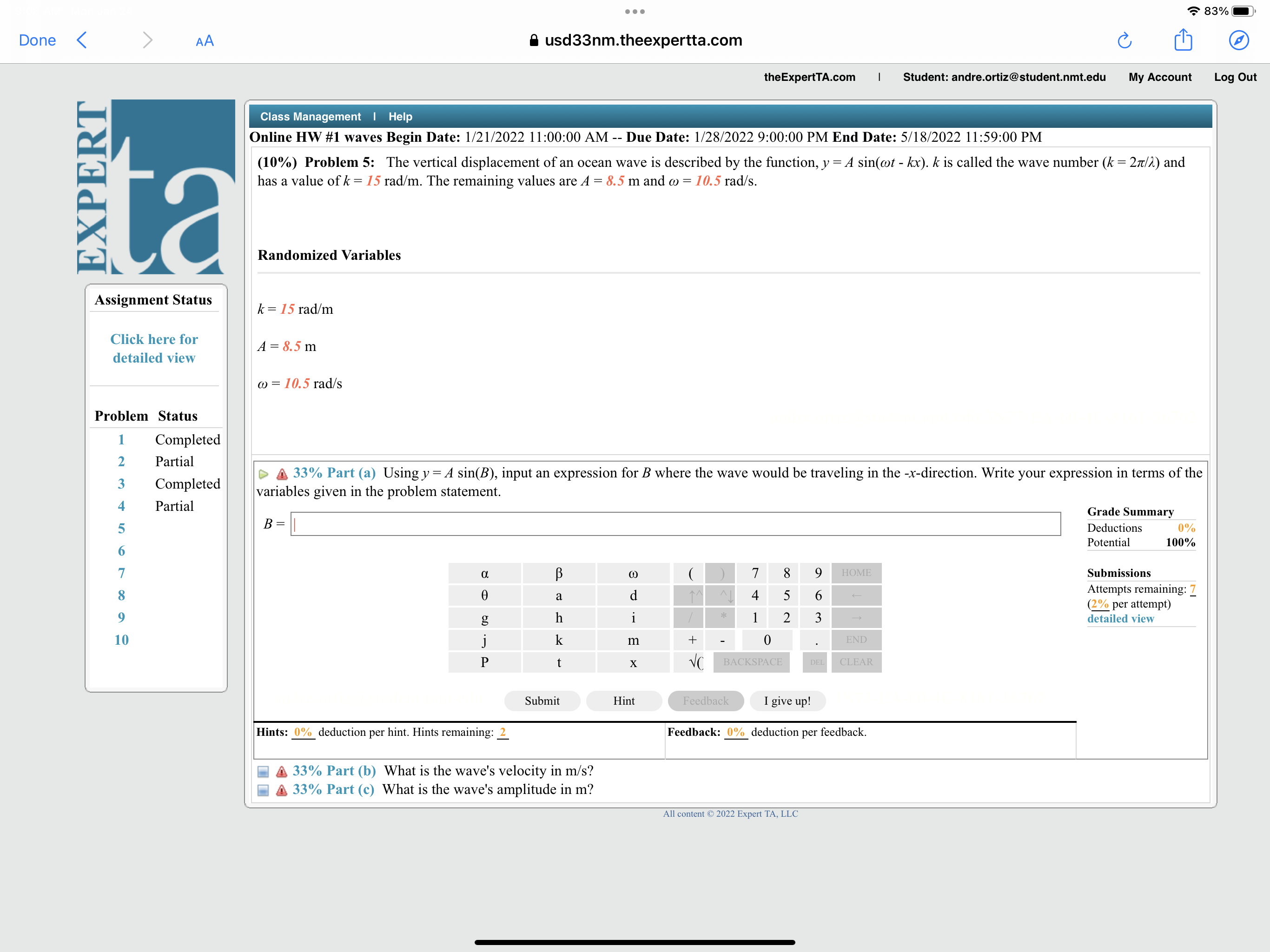 I Help Online HW #1 waves Begin Date: 1/21/2022 11 AM Due