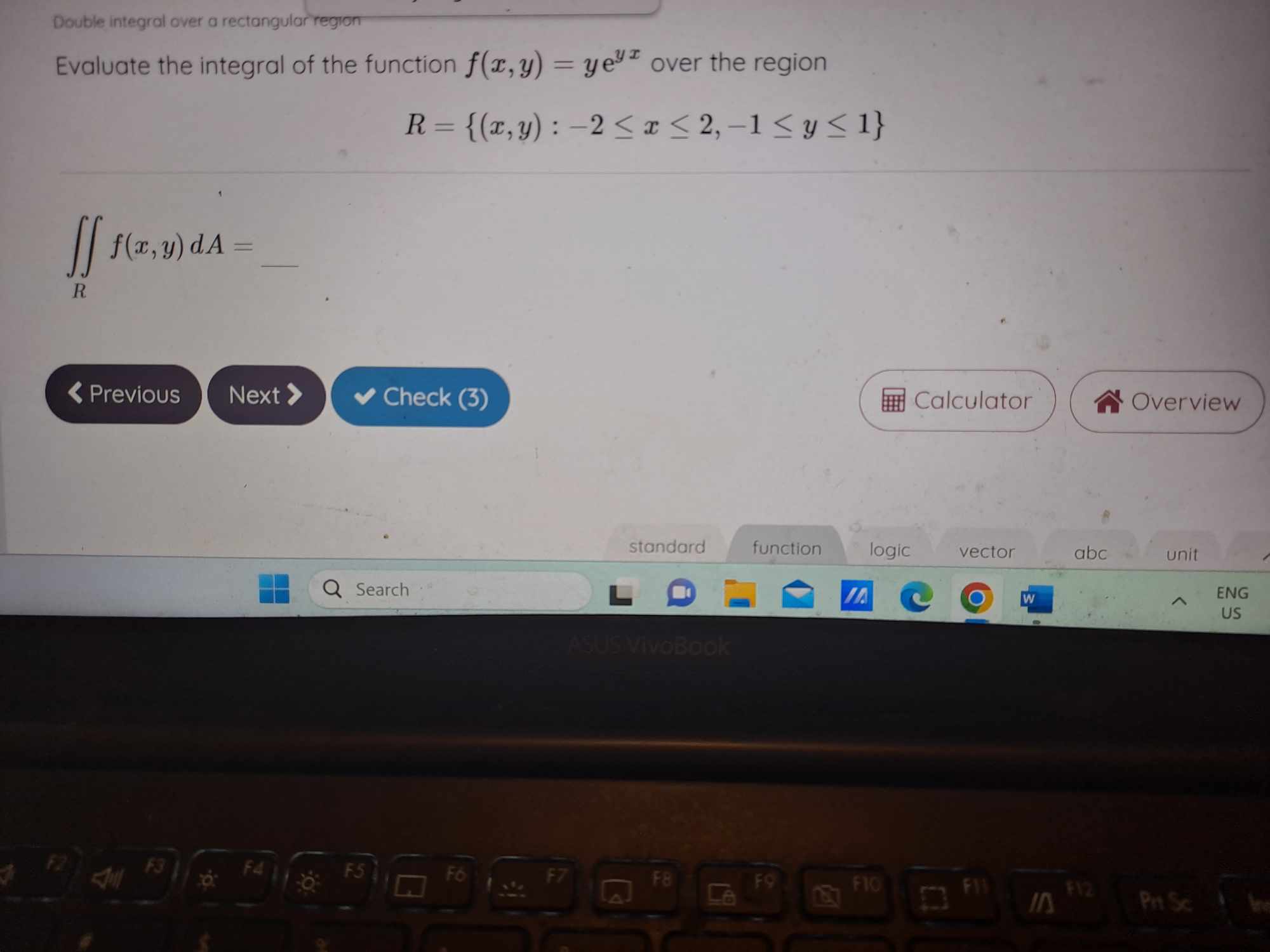 function f(x, y) = yes over the region R = {(x, y)