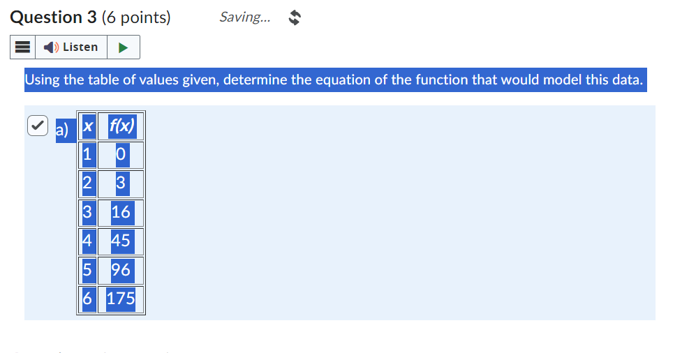 given, determine the equation of the function that would model this data.