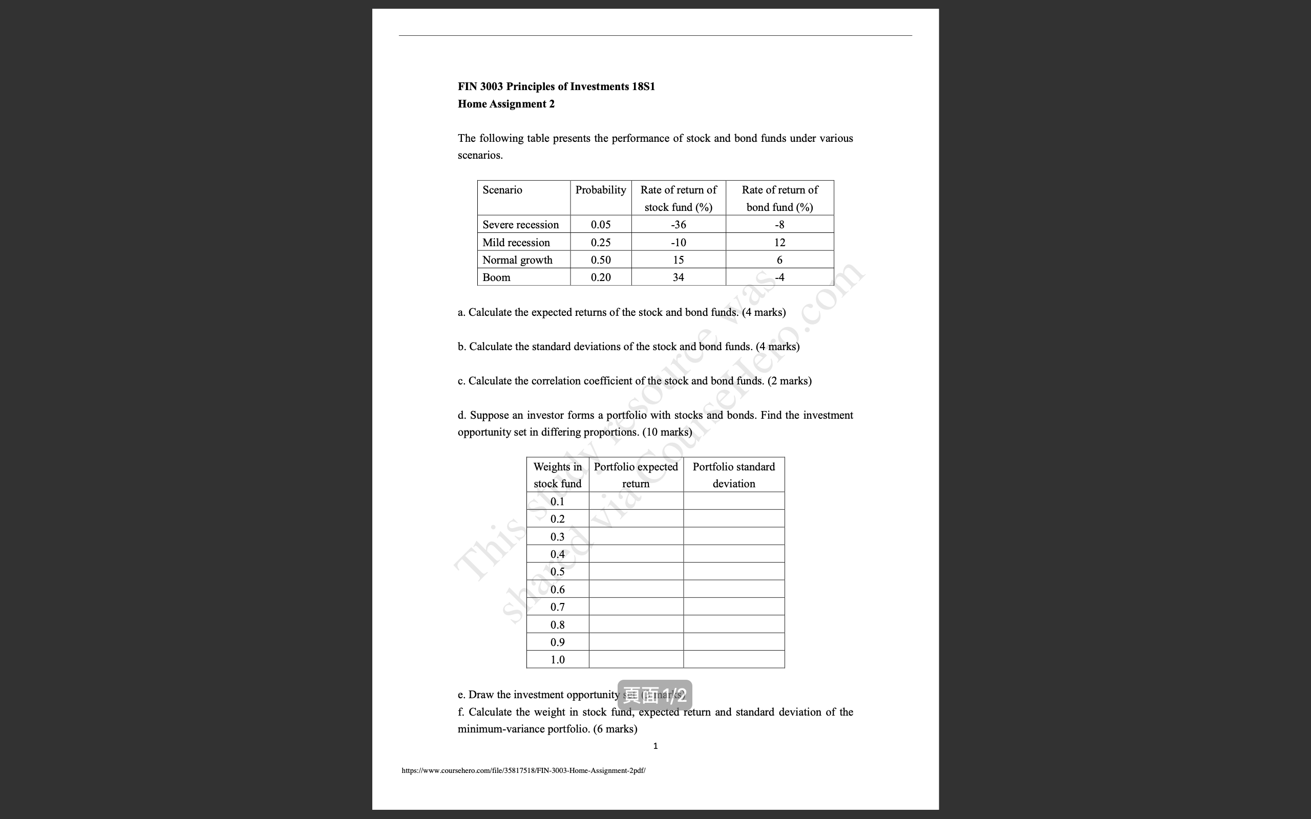 Question d FIN 3003 Principles (Investments 1851 Home Assignment 2 The following
